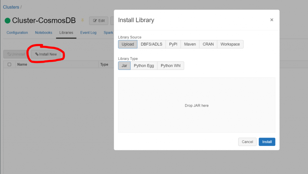 Instalação de uma nova biblioteca no Azure databricks